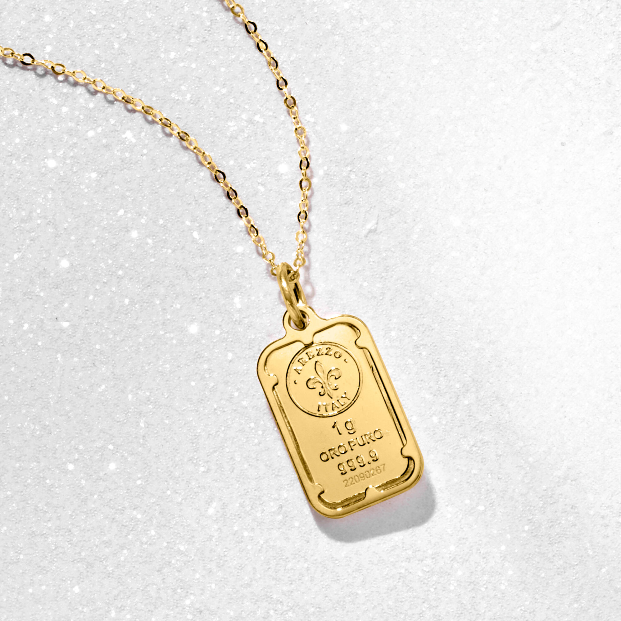 Italian 24kt Yellow Gold Fleur De Lis One Gram Ingot Pendant Necklace with 14kt Yellow Gold