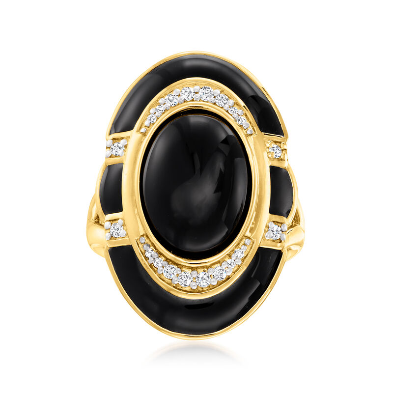 Black Onyx and .18 ct. t.w. Diamond Ring with Black Enamel in 18kt Gold Over Sterling image number 0