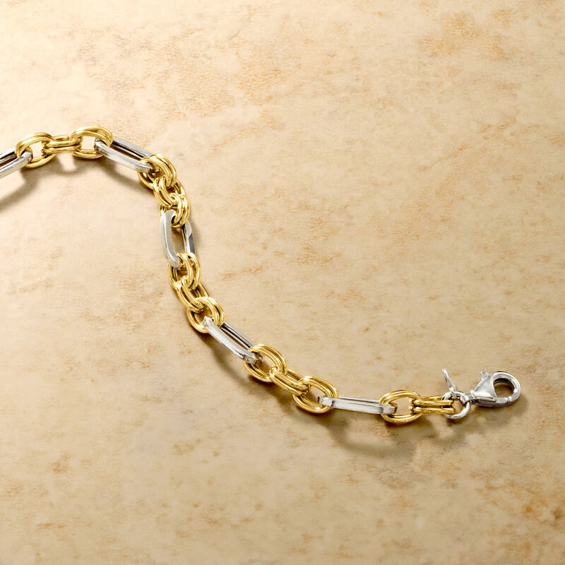 Italian Sterling Silver and 18kt Gold Over Sterling Alternating Cable and Paper Clip Link Bracelet. 7"