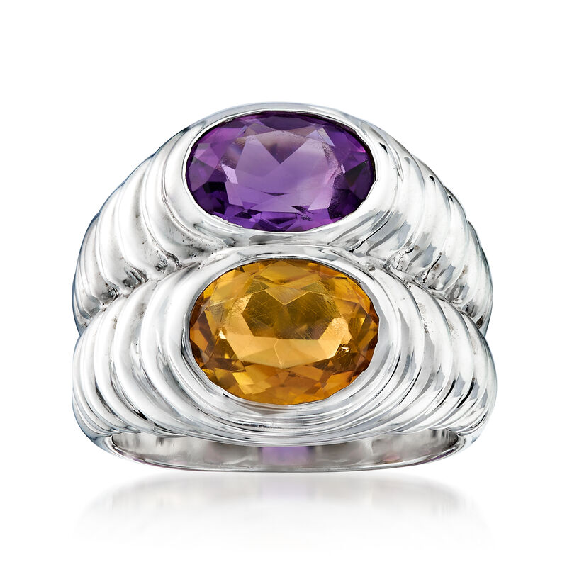 C. 1990 Vintage Bulgari 1.70 Carat Amethyst and 1.55 Carat Citrine Ring in 18kt White Gold. Size 6 image number 0