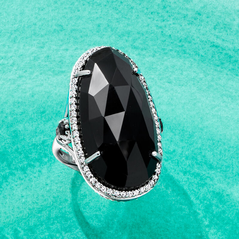 Black Onyx, .40 ct. t.w. Black Spinel and .40 ct. t.w. White Topaz Cocktail Ring in Sterling Silver image number 3