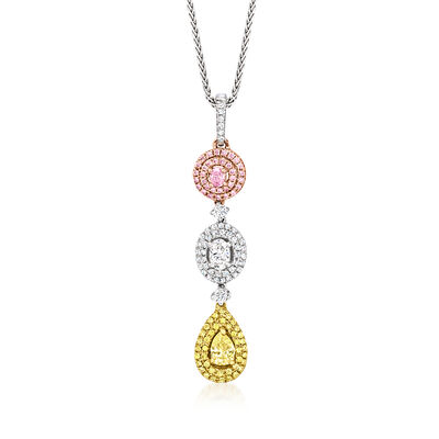 C. 2000 Vintage 1.23 ct. t.w. Multicolored Diamond Drop Pendant Necklace in 14kt and 18kt Gold