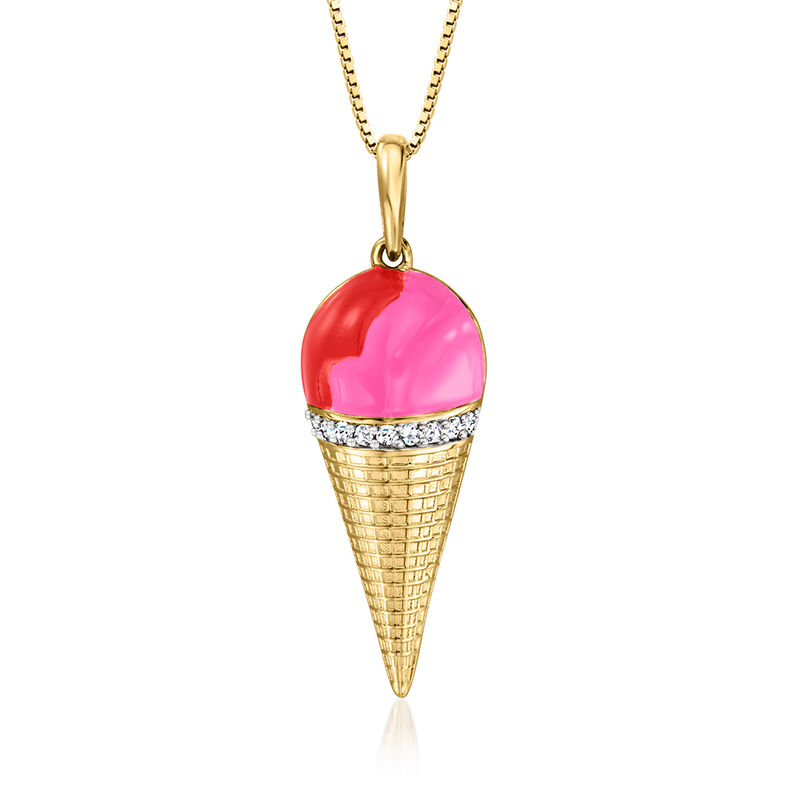 .10 ct. t.w. Diamond and Multicolored Enamel Ice Cream Cone Pendant Necklace in 18kt Gold Over Sterling image number 0
