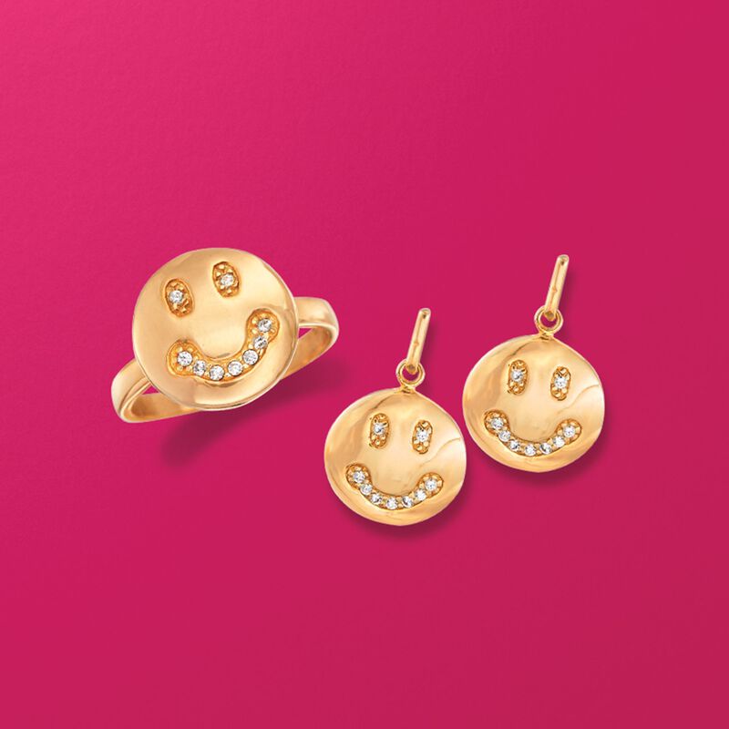.10 ct. t.w. CZ Smiley Face Ring in 18kt Gold Over Sterling image number 3