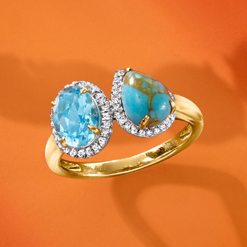 Turquoise and 1.40 Carat Swiss Blue Topaz Toi et Moi Ring with .15 ct. t.w. Diamonds in 14kt Yellow Gold image number 3