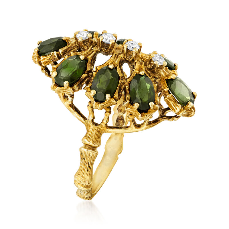 C. 1970 Vintage 3.20 ct. t.w. Green Tourmaline and .25 ct. t.w. Diamond Cluster Ring in 14kt Yellow Gold. Size 7.5 image number 2