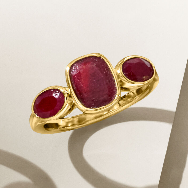 3.30 ct. t.w. Ruby Three-Stone Ring in 18kt Gold Over Sterling image number 3