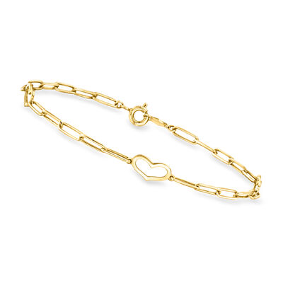 Italian 10kt Yellow Gold Paper Clip Link Heart Station Bracelet