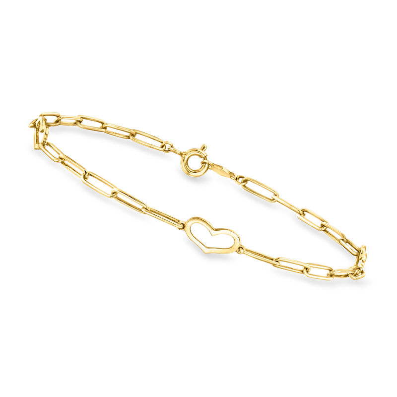 Italian 10kt Yellow Gold Paper Clip Link Heart Station Bracelet image number 0