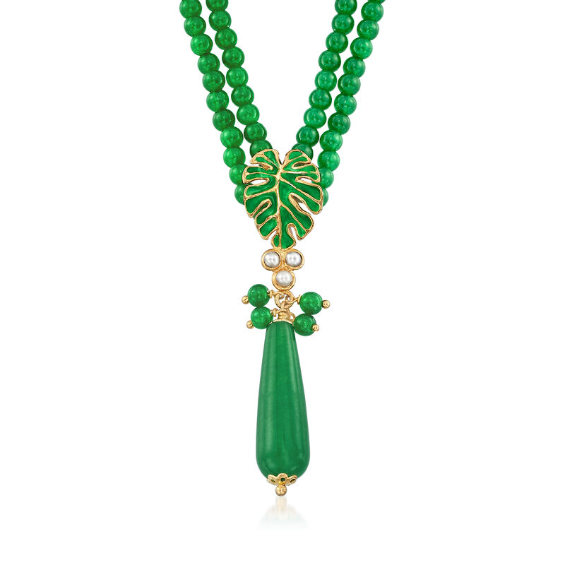 Italian 150.00 ct. t.w. Green Quartz Double-Strand Necklace with Pearls in 18kt Gold Over Sterling image number 0