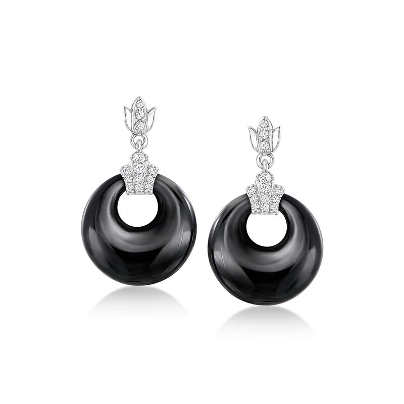 Onyx and .20 ct. t.w. White Topaz Drop Earrings in Sterling Silver  image number 0