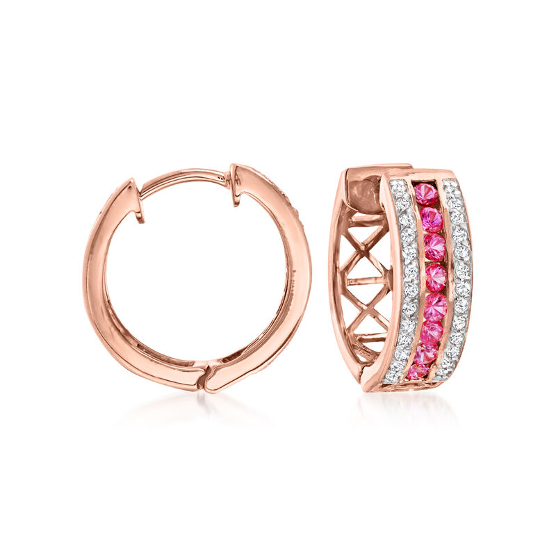 .60 ct. t.w. Pink Sapphire and .20 ct. t.w. White Zircon Hoop Earrings in 18kt Rose Gold Over Sterling. 5/8&quot; image number 0