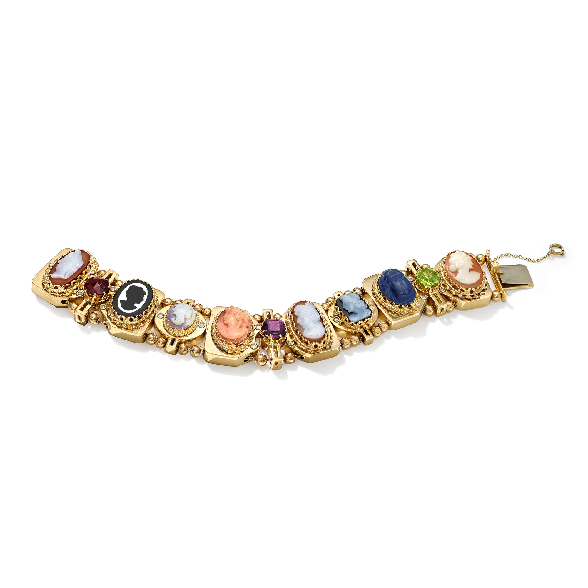 C. 1950 Vintage Multi-Gemstone Cameo Slide Charm Bracelet in 14kt