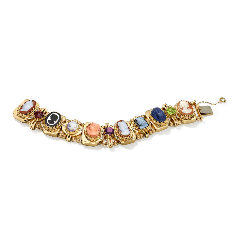 C. 1950 Vintage Multi-Gemstone Cameo Slide Charm Bracelet in 14kt Yellow Gold. 7&quot; image number 3