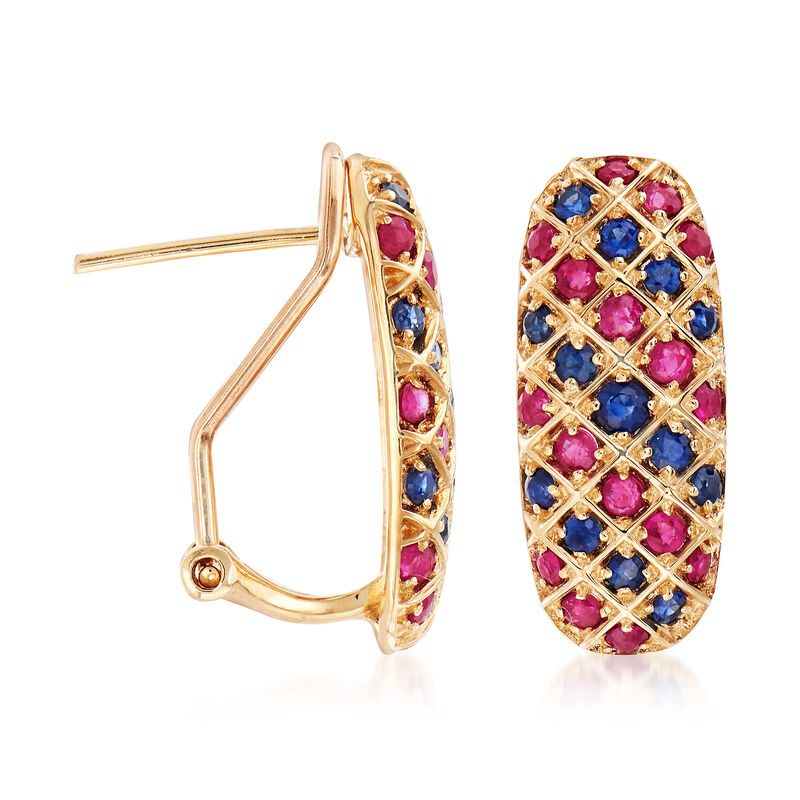 .90 ct. t.w. Ruby and .60 ct. t.w. Sapphire Drop Earrings in 14kt Yellow Gold image number 2