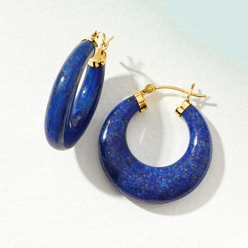 Lapis Hoop Earrings 14kt Yellow Gold. 1 1/8&quot; image number 5