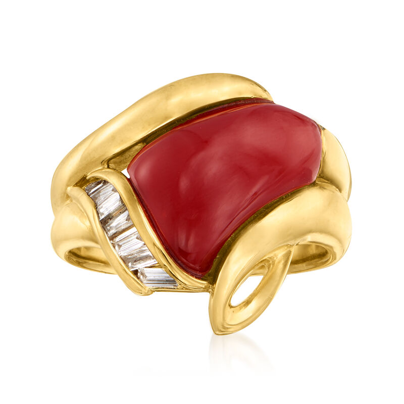 C. 1980 Vintage Red Coral and .20 ct. t.w. Diamond Ring in 18kt Yellow Gold image number 0