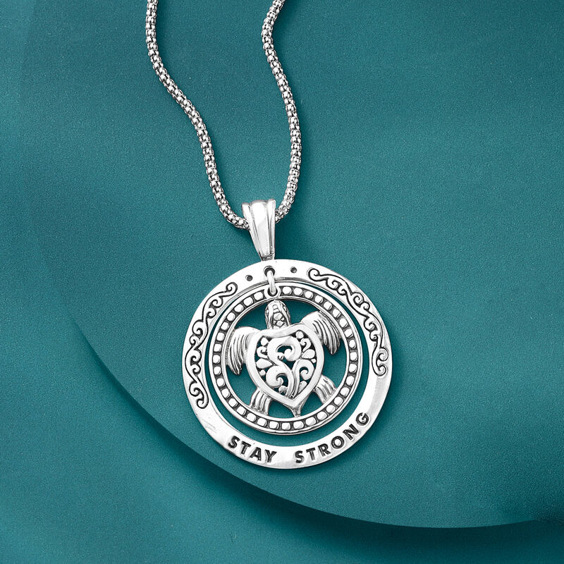 Sterling Silver Bali-Style Turtle &quot;Stay Strong&quot; Pendant Necklace. 18&quot; image number 3