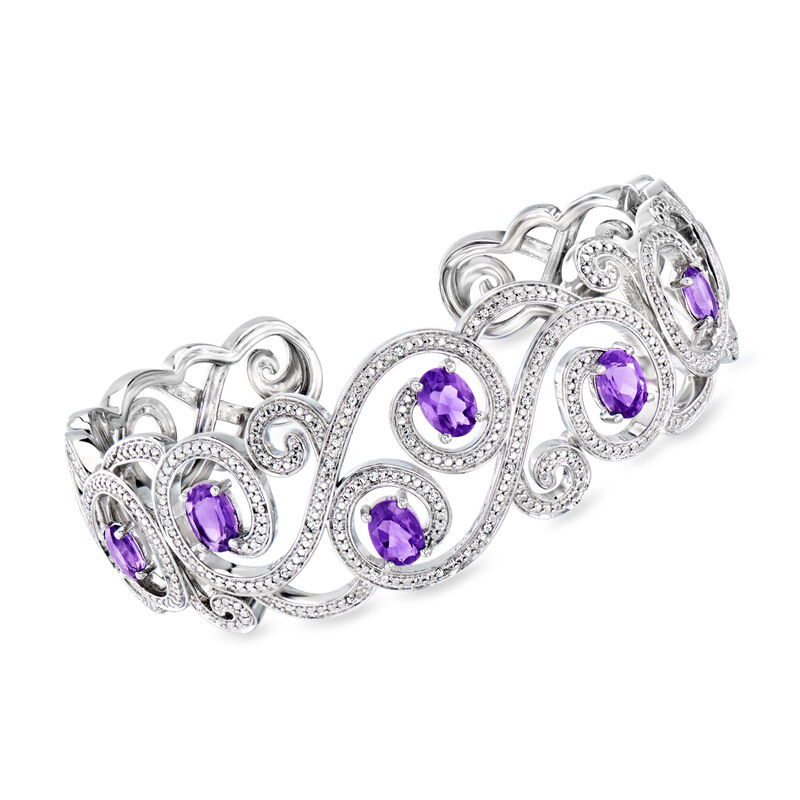3.80 ct. t.w. Amethyst and .10 ct. t.w. White Topaz Swirl Cuff Bracelet in Sterling Silver. 7&quot; image number 0