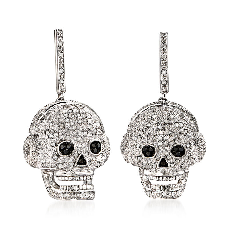 .51 ct. t.w. Diamond Skull Drop Earrings in Sterling Silver image number 2