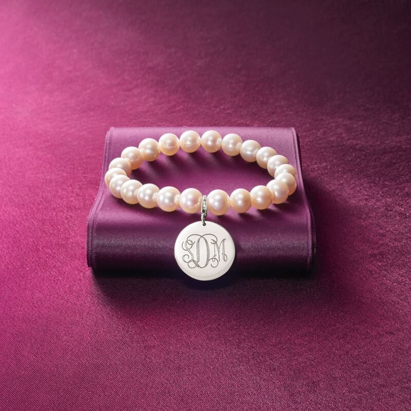 8-8.5mm Cultured Pearl Bracelet with Sterling Silver Personalized Disc Charm image number 4