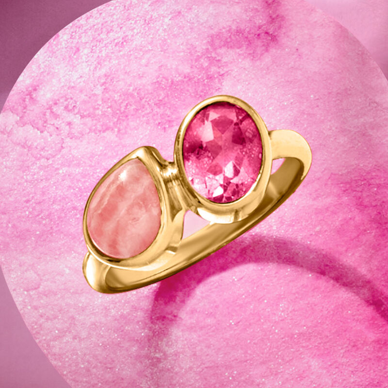 Pink Rhodochrosite and 1.40 Carat Pink Topaz Toi et Moi Ring in 18kt Gold Over Sterling image number 3
