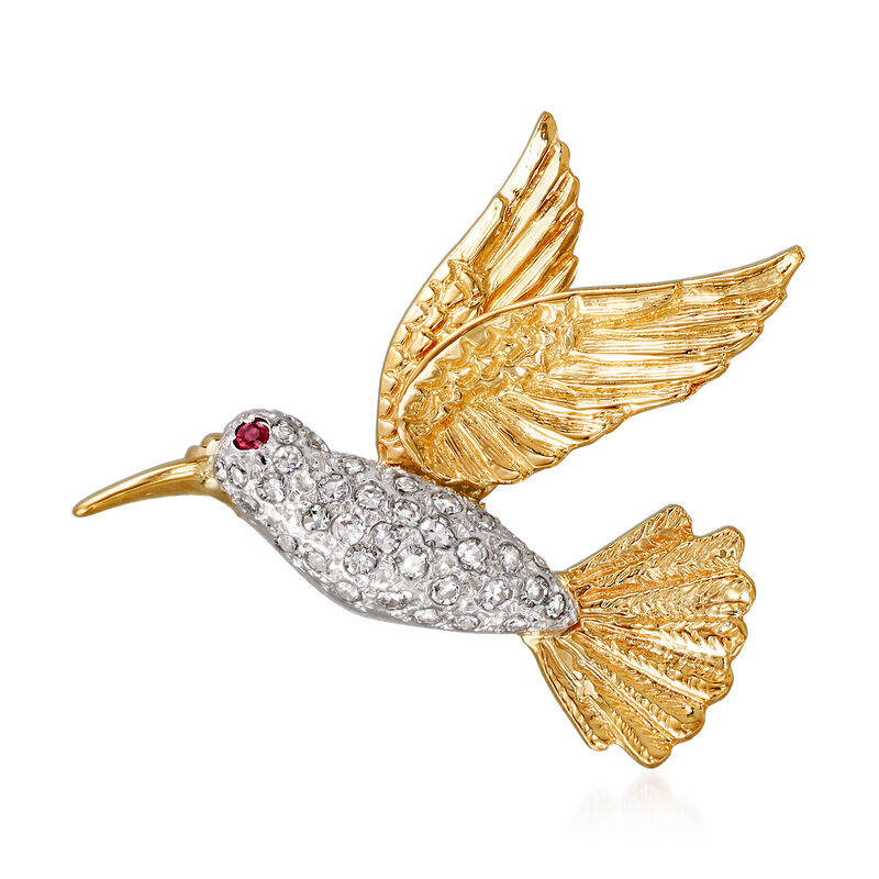 C. 1970 Vintage .50 ct. t.w. Diamond Hummingbird Pin with Ruby Accent in 14kt Yellow Gold image number 0