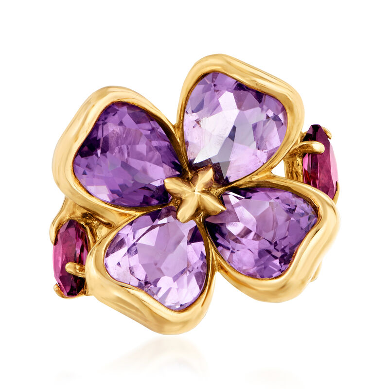 C. 1990 Vintage Chanel 5.80 ct. t.w. Amethyst and 1.30 ct. t.w. Pink Tourmaline Flower Ring in 18kt Yellow Gold. Size 5.5 image number 0