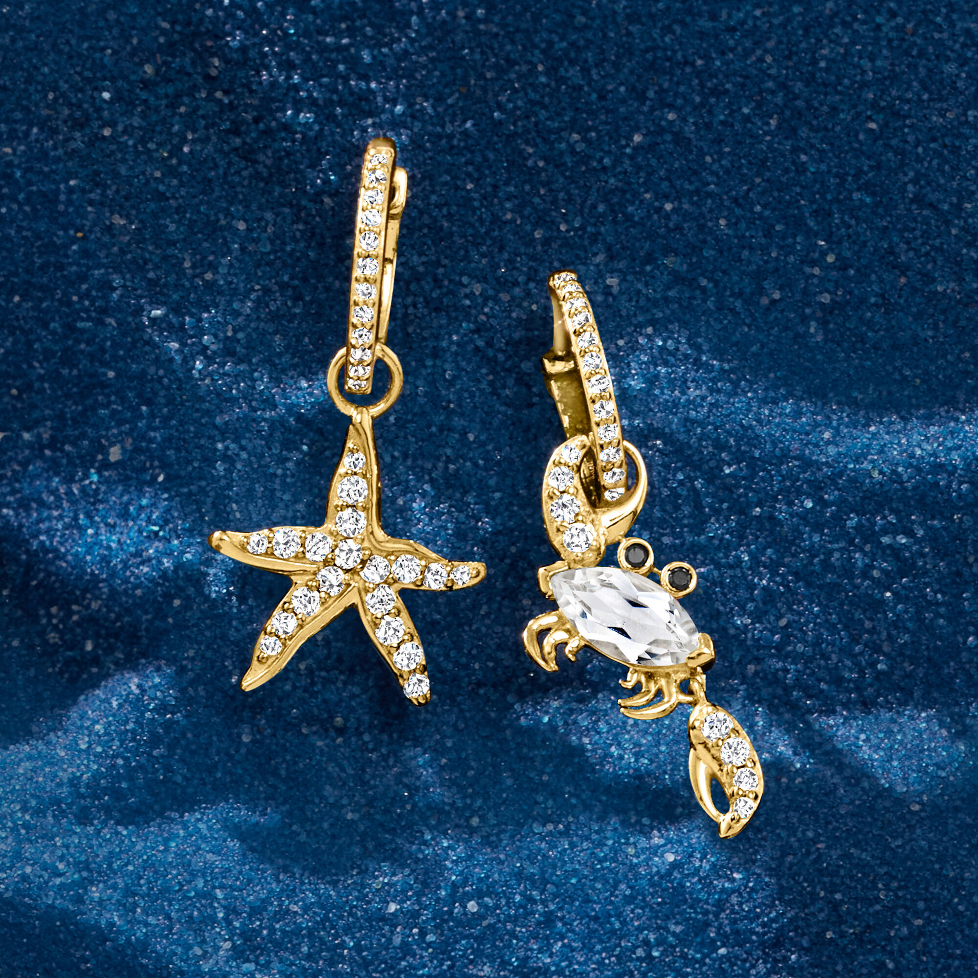 2.20 ct. t.w. White Topaz Starfish and Crab Mismatched Drop Earrings with Black Spinel Accents in