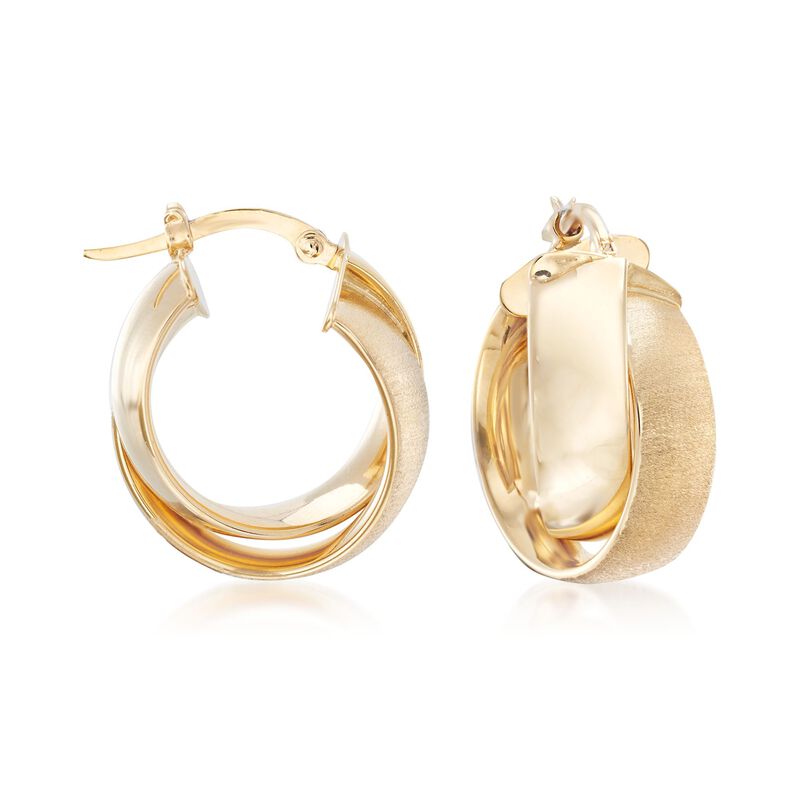 Italian 14kt Yellow Gold Textured and Polished Crisscross Hoop Earrings. 7/8&quot; image number 0