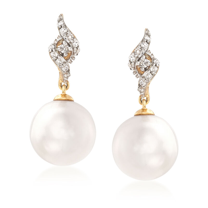 8-8.5mm Cultured Pearl Drop Earrings with Diamond Accents in 14kt Yellow Gold image number 0