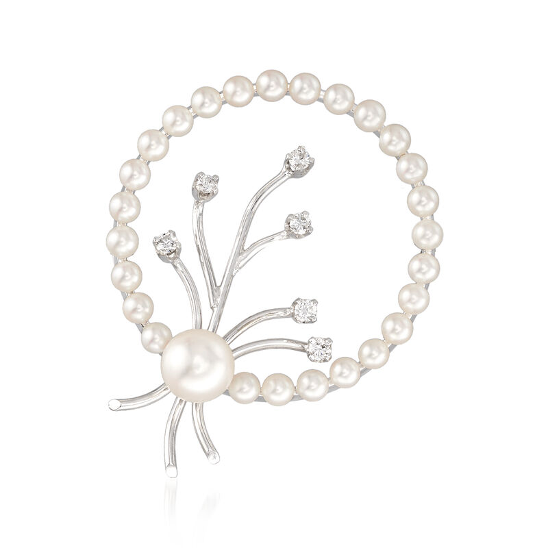 C. 1990 Vintage Cultured Pearl and .25 ct. t.w. Diamond Circle Pin in 14kt White Gold image number 0