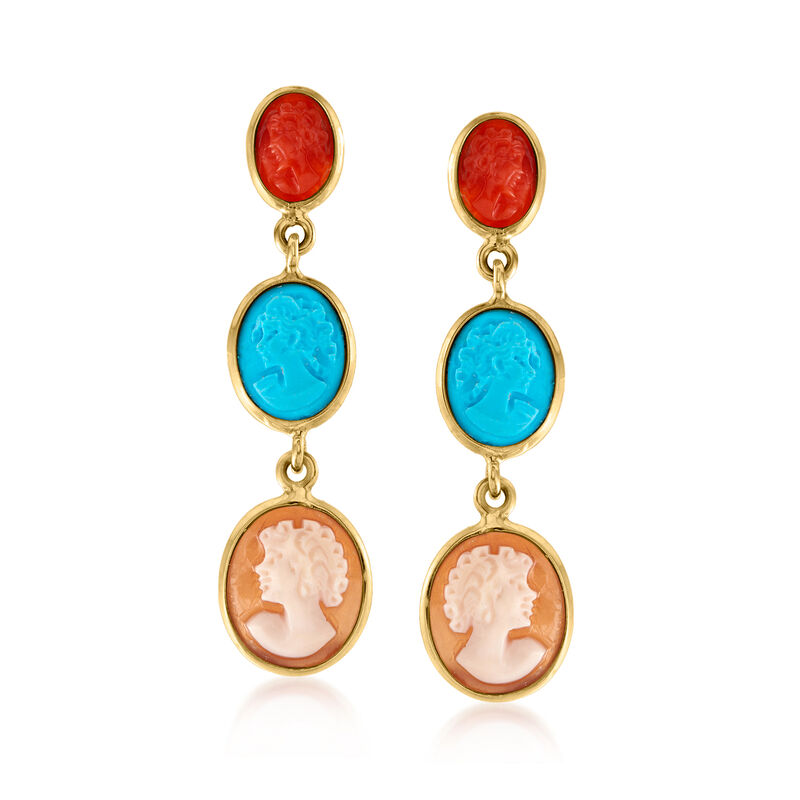Italian Multi-Gemstone Cameo Drop Earrings in 14kt Yellow Gold image number 0