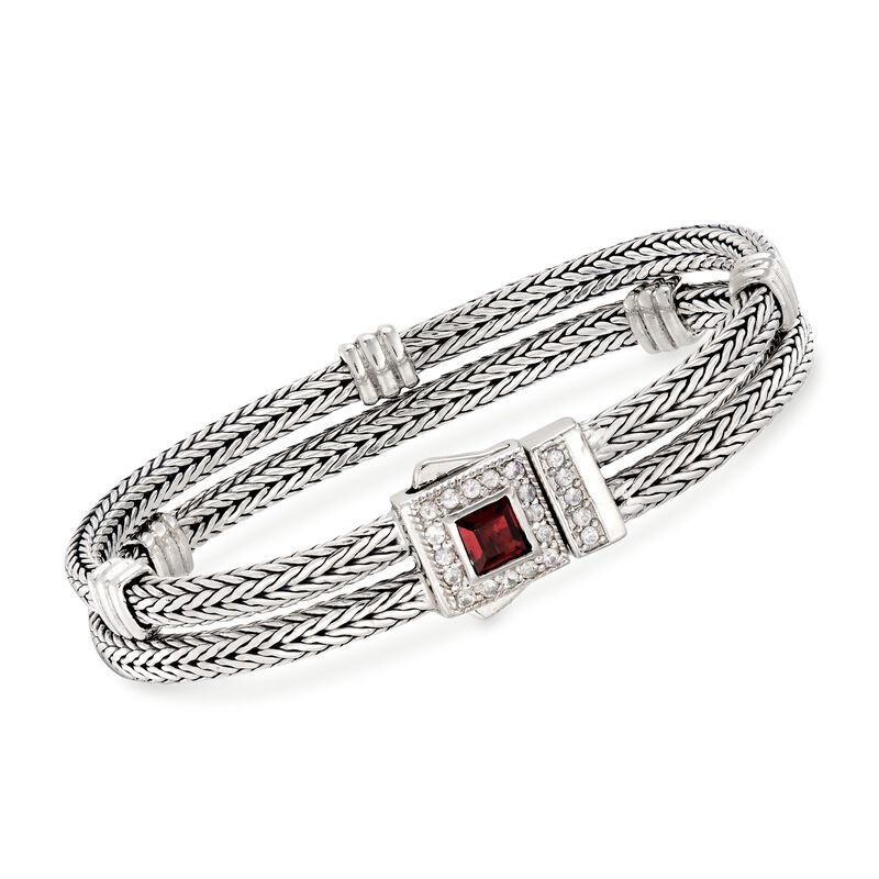 Phillip Gavriel &quot;Woven&quot; .85 Carat Garnet and .48 ct. t.w. White Sapphire Double Row Station Bracelet in Sterling Silver. 7.25&quot; image number 0