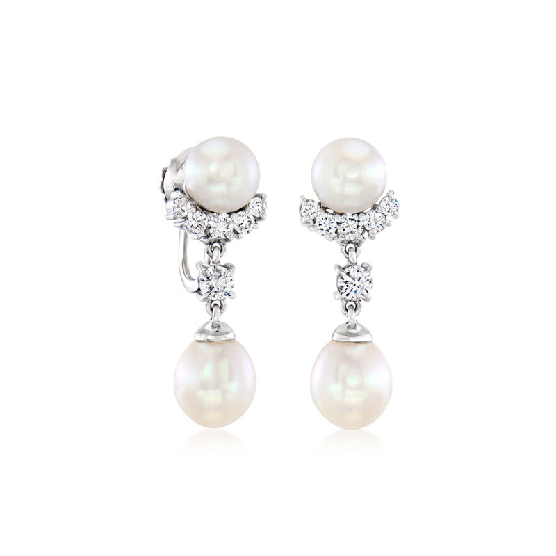 C. 1960 Vintage 6.5-8mm Cultured Pearl and .55 ct. t.w. Diamond Drop Earrings in Palladium  image number 2