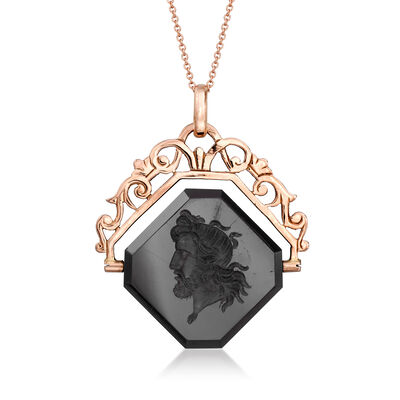 C. 1900 Vintage Onyx Intaglio Pendant Necklace in 18kt Rose Gold