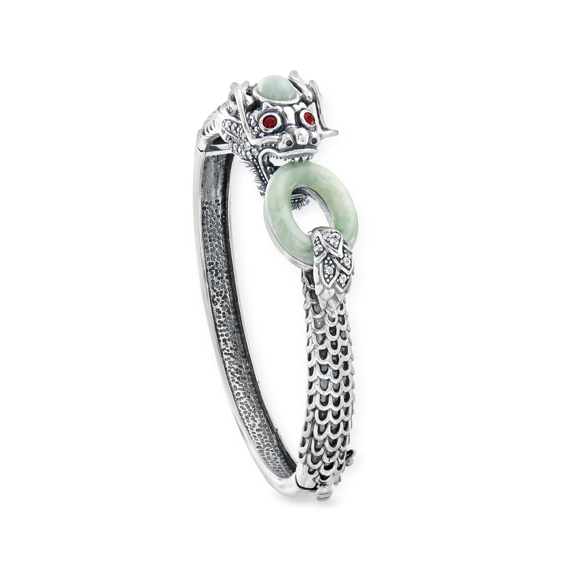 Jade, 1.40 ct. t.w. White Topaz and .10 ct. t.w. Ruby Dragon Bangle  Bracelet in Sterling Silver