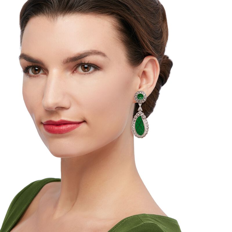 C. 1970 Vintage Jade and 1.00 ct. t.w. Diamond Clip-On Drop Earrings in 18kt White Gold image number 1