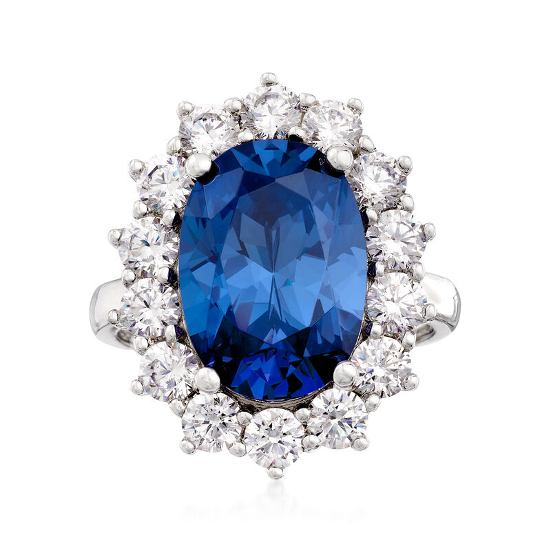 5.30 Carat Simulated Sapphire and 1.80 ct. t.w. CZ Ring in Sterling Silver image number 0