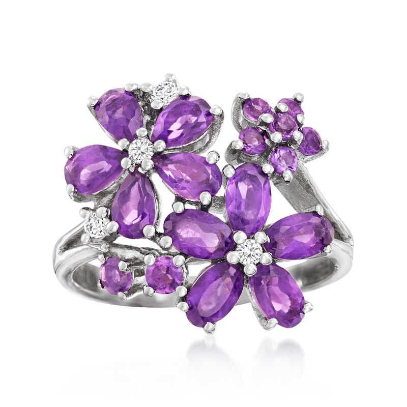 2.10 ct. t.w. Amethyst and .10 ct. t.w. White Zircon Flower Ring in Sterling Silver image number 0