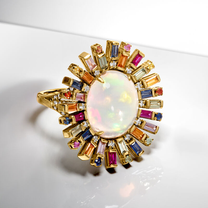Opal and 1.70 ct. t.w. Multicolored Sapphire Ring with .29 ct. t.w. Diamonds in 18kt Yellow Gold image number 3