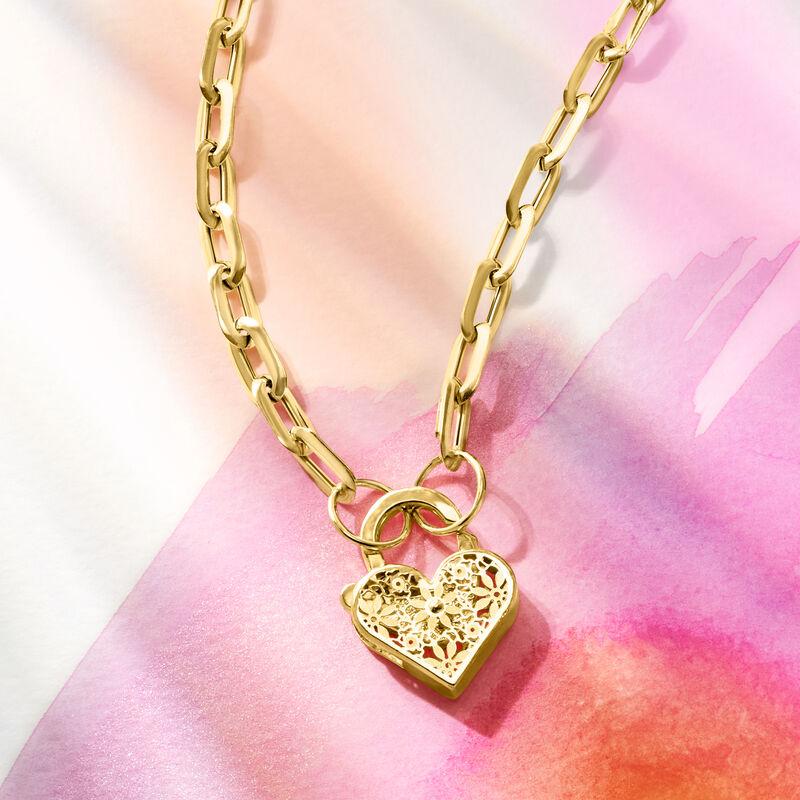 Italian 14kt Yellow Gold Floral Embroidery Heart Lock Paper Clip Link Necklace. 20" image number 7