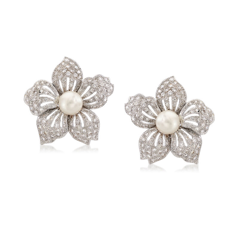 C. 1980 Vintage 2.09 ct. t.w. Diamond and 7mm Pearl Floral Earrings in 18kt White Gold image number 0