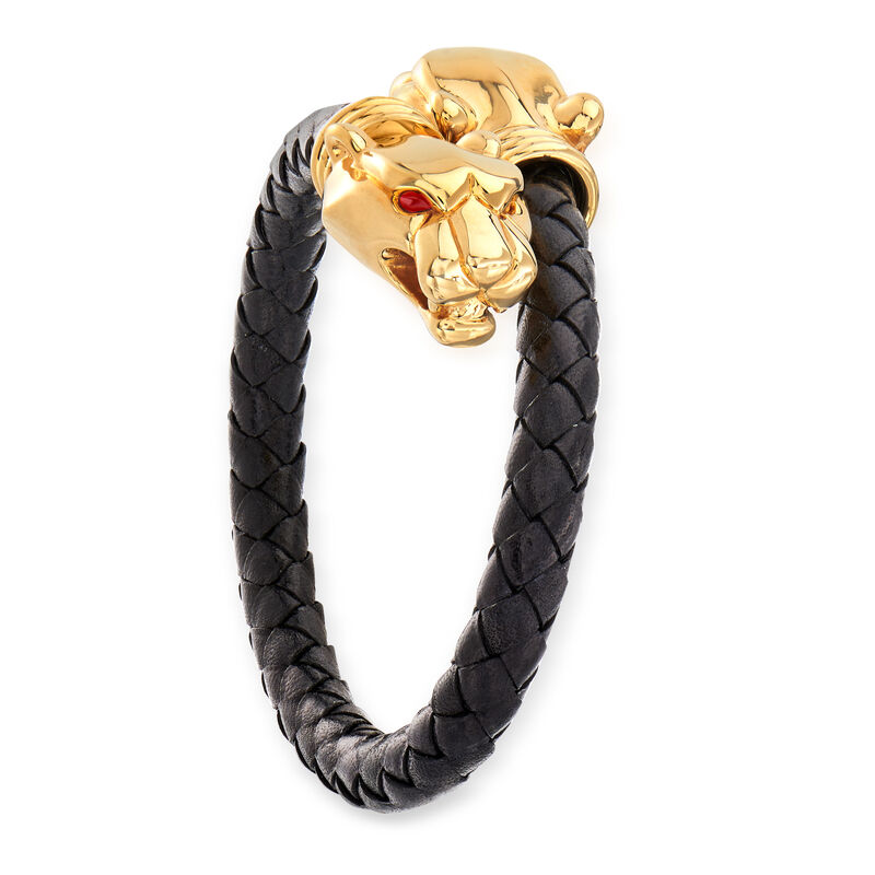 Italian 18kt Yellow Gold Panther Bypass Bracelet with Black Leather image number 2