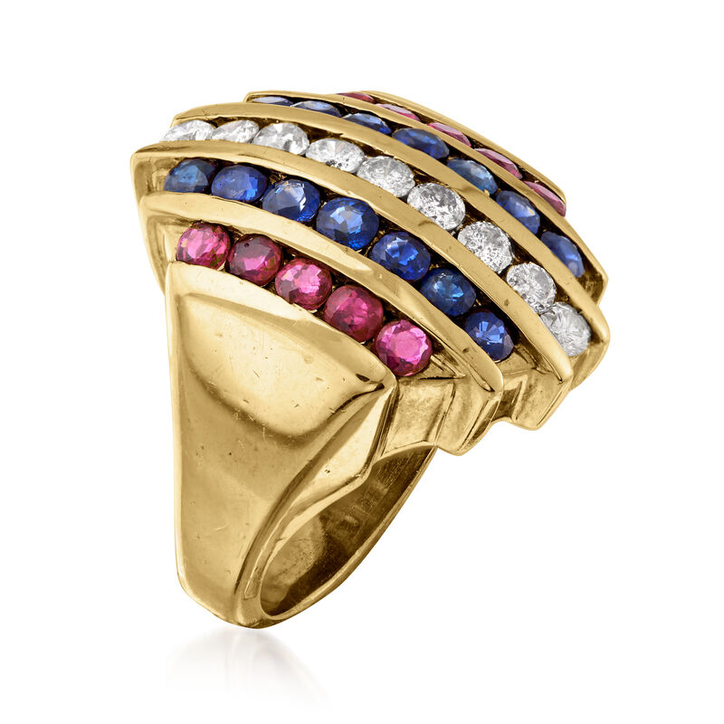 C. 1980 Vintage 2.40 ct. t.w. Multi-Gemstone and .90 ct. t.w. Diamond Multi-Row Ring in 14kt Yellow Gold image number 2
