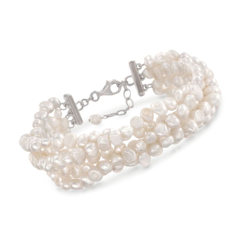 Cultured Pearl Multi-Strand Twist Bracelet with Sterling Silver Clasp. 8&quot; image number 0