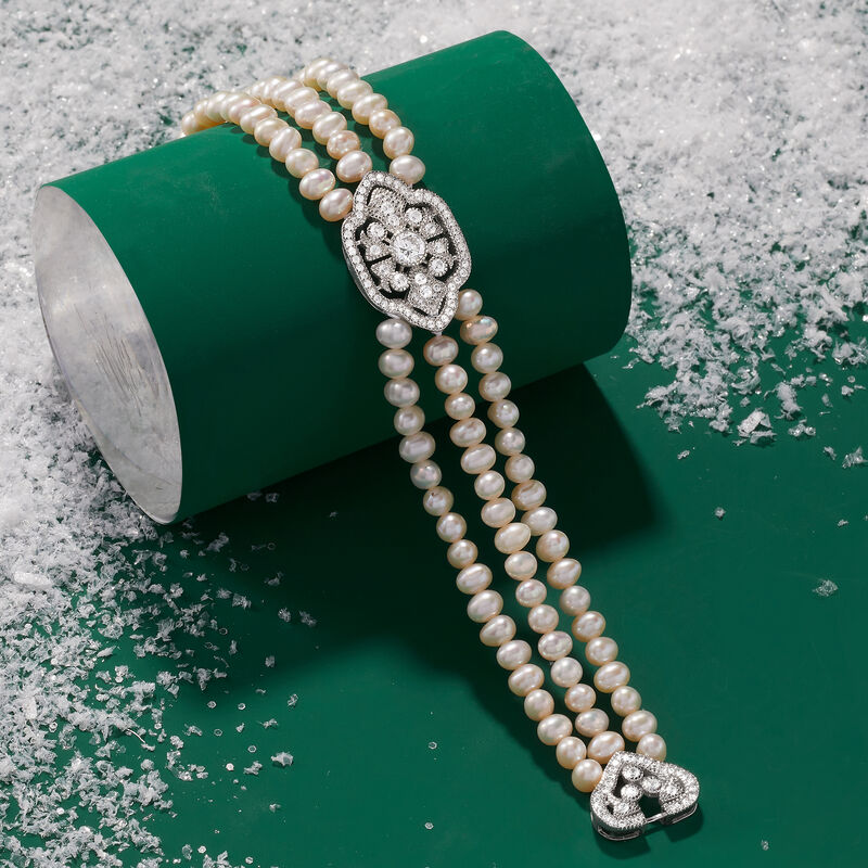 4mm Cultured Pearl and .90 ct. t.w. CZ Three-Row Bracelet in Sterling Silver. 7.5&quot; image number 3