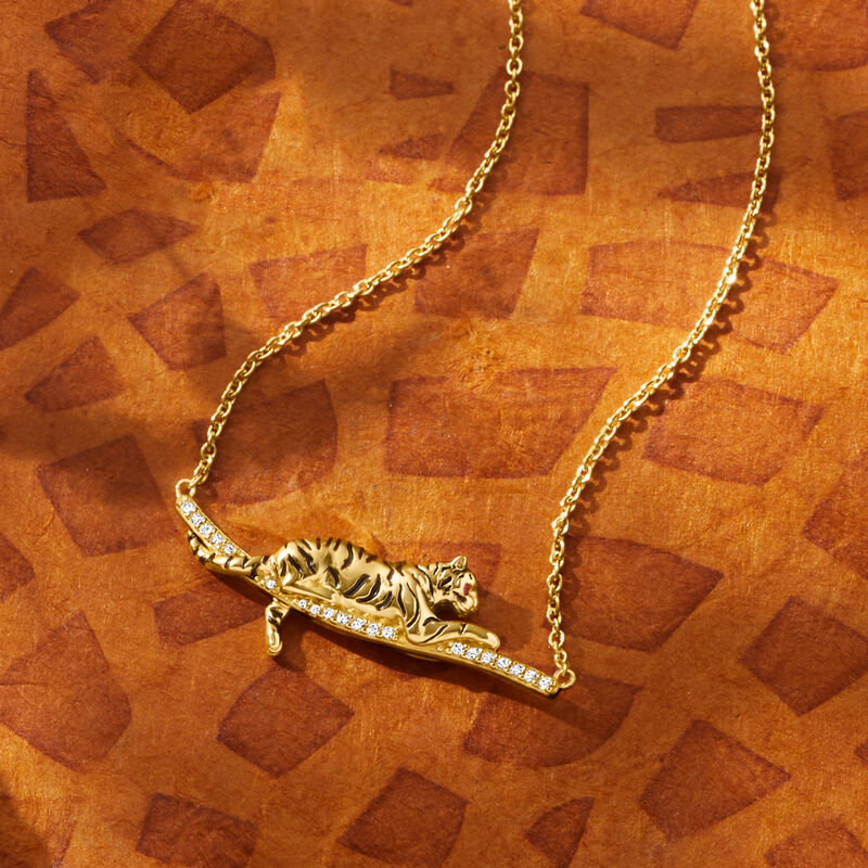 .10 ct. t.w. White Topaz and Black Enamel Tiger Bar Necklace with Rubies in 18kt Gold Over Sterling. 18&quot; image number 2