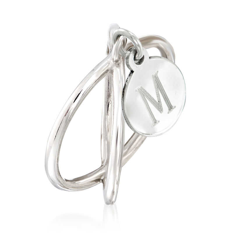Sterling Silver Personalized Single-Initial Disc Charm Crisscross Ring image number 2