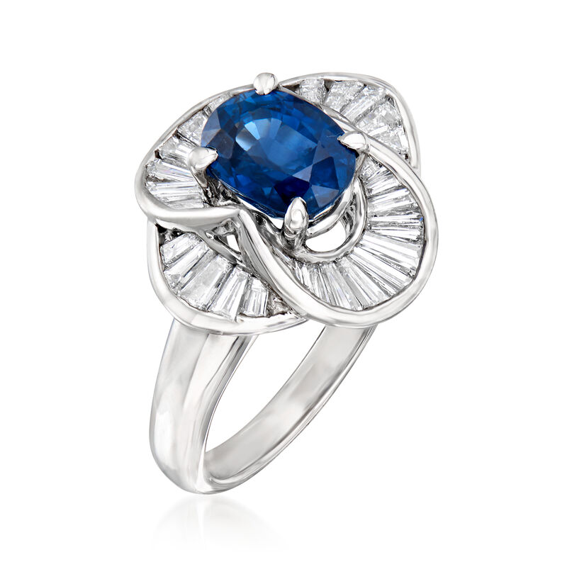 C. 1980 Vintage 2.06 Carat Sapphire and .83 ct. t.w. Diamond Ring in Platinum image number 2